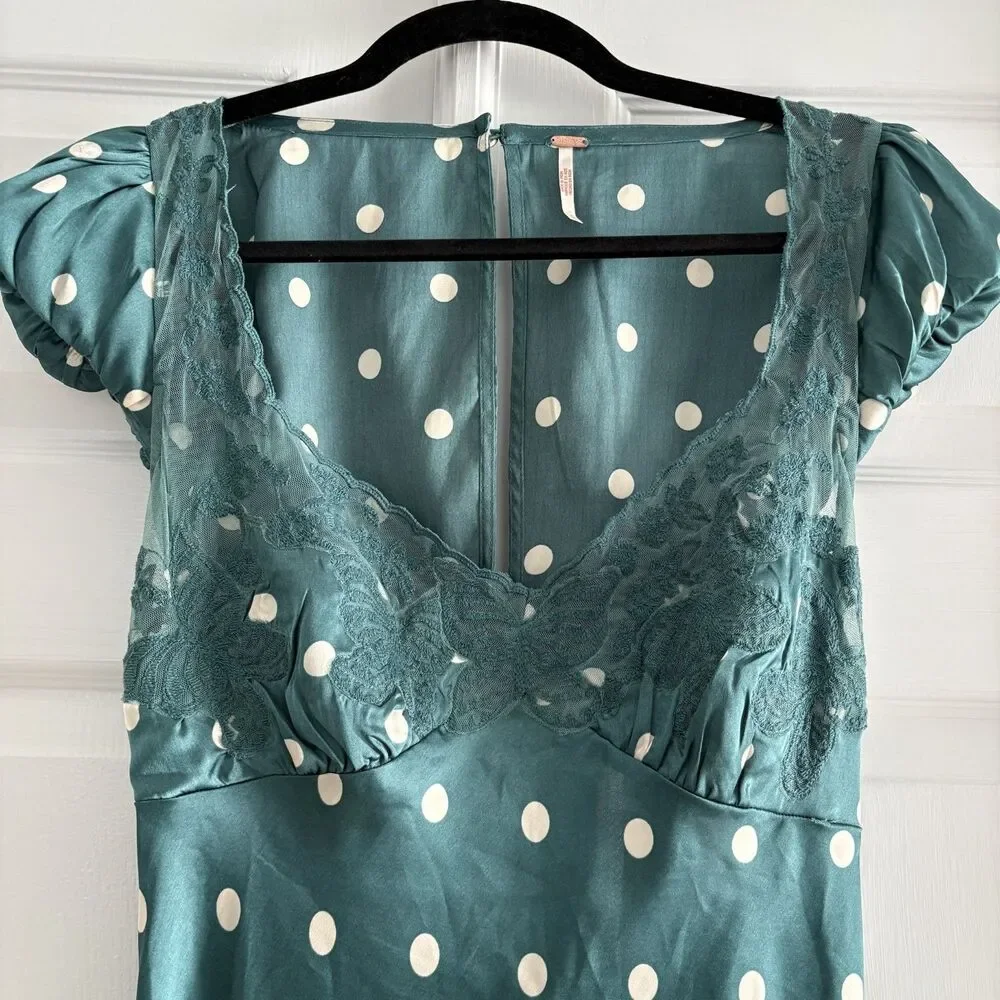 Free People Womens Butterfly Babe Polka Dot Sz Small Green Satin Maxi Dress EUC